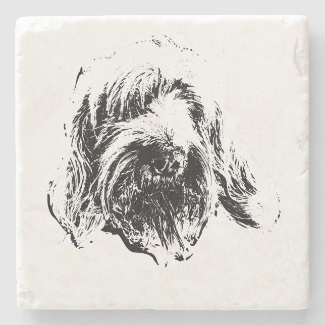 Posavasos De Piedra Spinone Dog Coaster – Black & White Ink Headshot (Anverso)