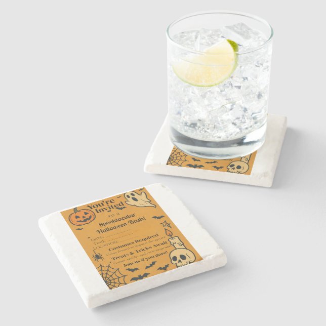 Posavasos De Piedra Spooky Halloween Bash Invite | Fantasma y juegos (Lateral)