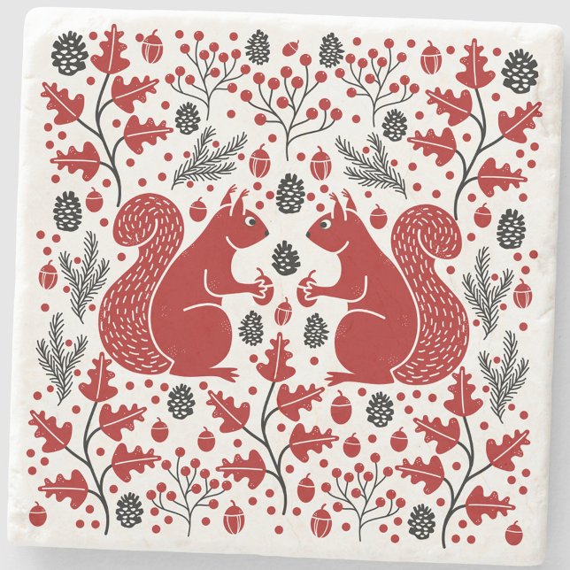 Posavasos De Piedra Squirrels in the Forest Art (Squirrel in the Forest folk art woodland nature wildlife stone coaster)