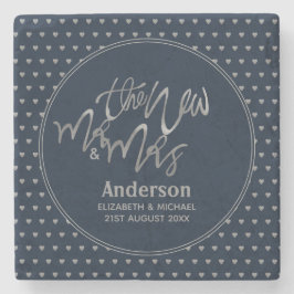 Posavasos De Piedra Sr. y Sra. Boda Navy Blue Silver Love Hearts
