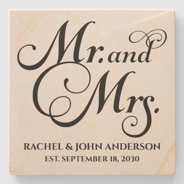 Posavasos De Piedra Sr. y sra., regalo Boda personalizado, mármol (Anverso)