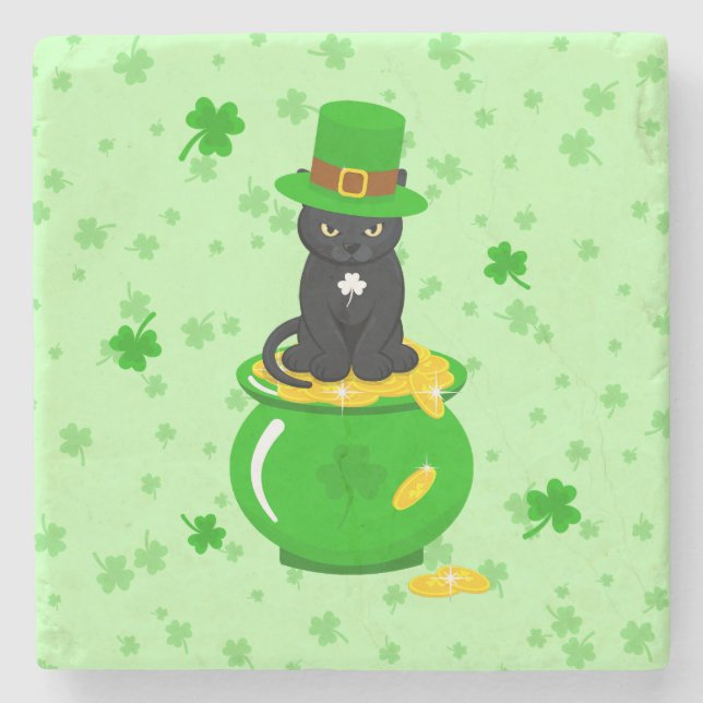 Posavasos De Piedra St. Patrick's Day Shamrock Pot of Gold Black Cat (Anverso)