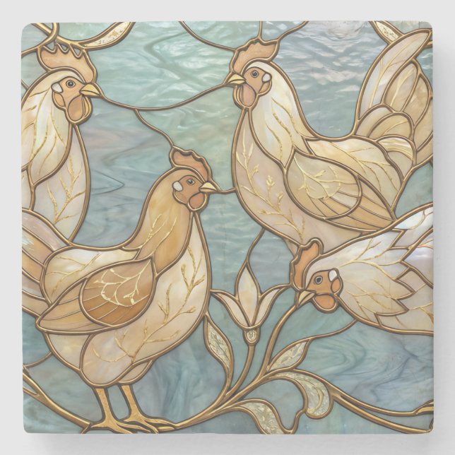 Posavasos De Piedra Stained Glass Roosters Elegant Chicken Farmhouse (Anverso)