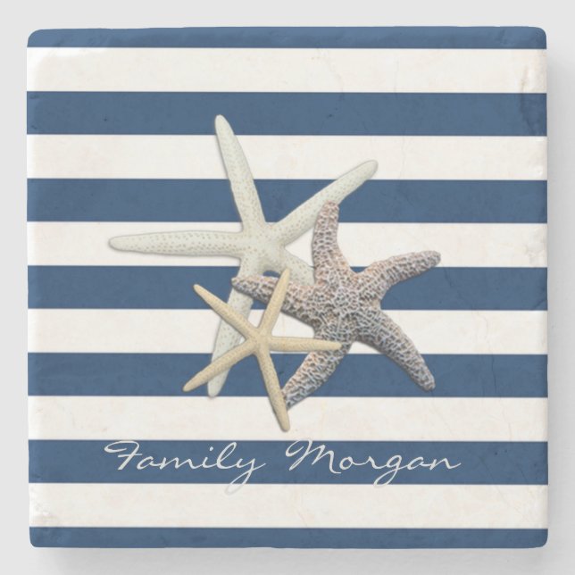 Posavasos De Piedra Starfish Adorable, Navy Blue Stripes Personalizado (Anverso)