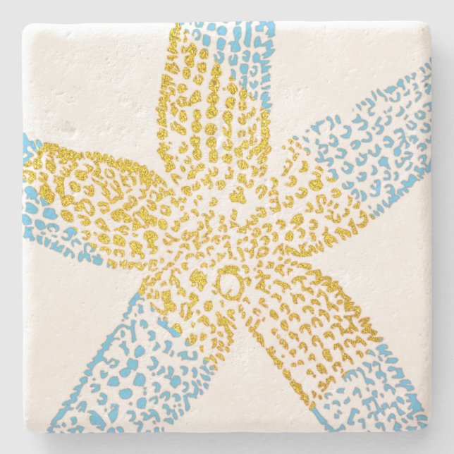 Posavasos De Piedra Starfish Beach Sky Blue Purpurinoso Gold White Cut (Anverso)