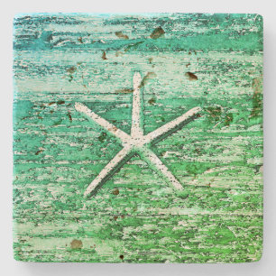 Posavasos De Piedra Starfish Driftwood Rústico Nautical Blue Green
