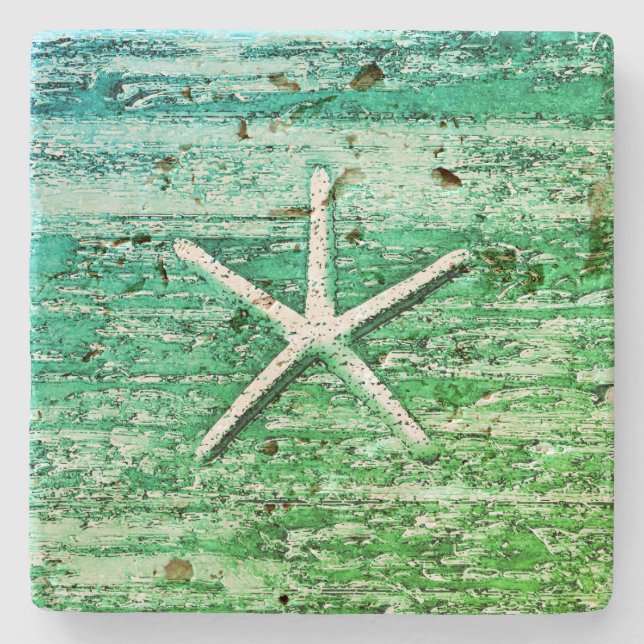 Posavasos De Piedra Starfish Driftwood Rústico Nautical Blue Green (Anverso)