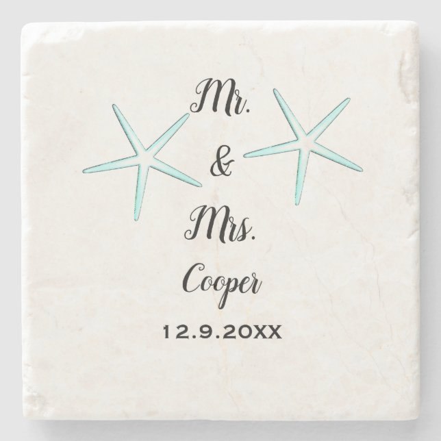 Posavasos De Piedra Starfish Personalizado Pareja Nombre Beach Wedding (Anverso)