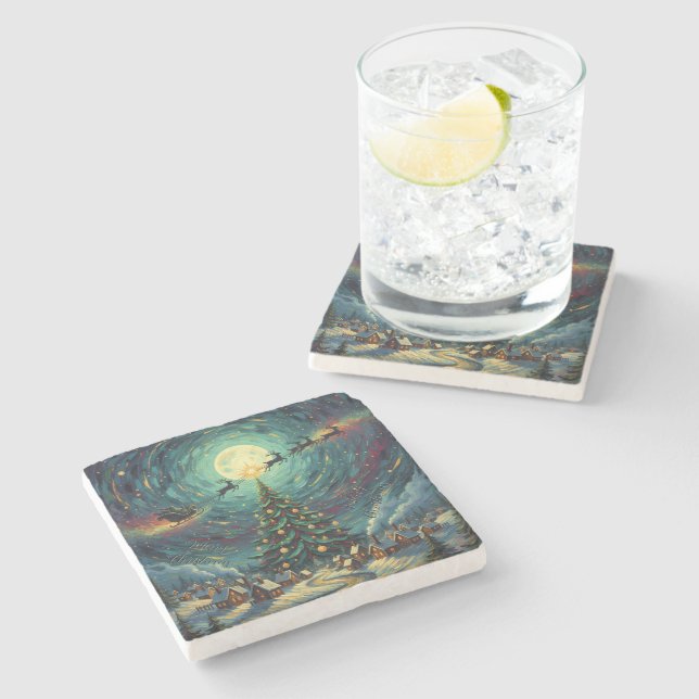 Posavasos De Piedra Starry Night Christmas Stone Coaster Santa Sleigh  (Lateral)
