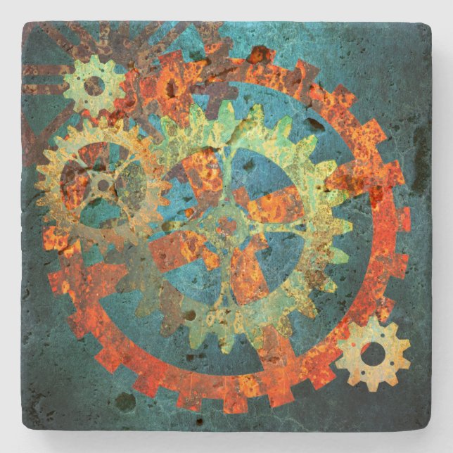 Posavasos De Piedra Steampunk Verdigris Rusty CogWheel (Anverso)