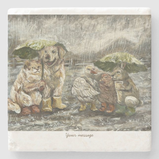 Posavasos De Piedra Still Together Whimsical Farmhouse Animals Rainy  (Anverso)