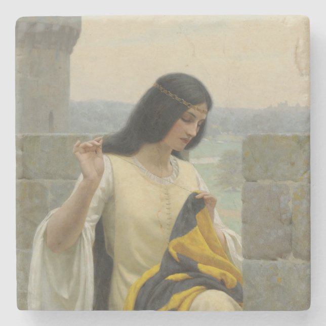Posavasos De Piedra Stitching the Standard Flag (Mujer medieval) (Anverso)