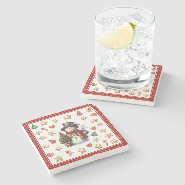 Posavasos De Piedra Stone Coaster Snowman and Christmas Cookies Red (Lateral)