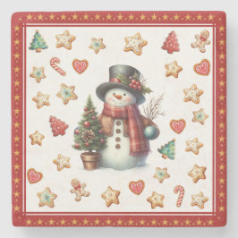 Posavasos De Piedra Stone Coaster Snowman and Christmas Cookies Red