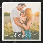 Posavasos De Piedra Stone Coaster Your Photo Template Love Text<br><div class="desc">Plantilla personalizada de foto cuadrada simple y texto de escritura de amor en una montaña de bebidas de mesa de piedra.</div>