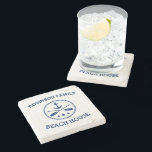 Posavasos De Piedra Su familia Beach House Nombre Anchor Oars Stars<br><div class="desc">Elegante Marble Coasters con su nombre de familia personalizado u otro texto,  un personalizado ancla de un barco náutico con remos cruzados y estrellas de azul marino. También disponible en arenisca,  travertina y caliza.</div>