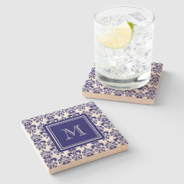 Posavasos De Piedra Su Monograma, Patrón de Damasco Azul de la Marina