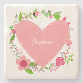 Posavasos De Piedra Su(s) nombre(s) en una tarima de piedra Heart & Fl