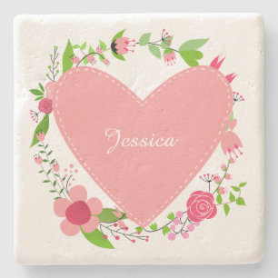 Posavasos De Piedra Su(s) nombre(s) en una tarima de piedra Heart & Fl