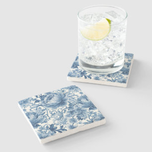 Posavasos De Piedra Sueños Azules Chinoiserie Acuarela Floral Blanca