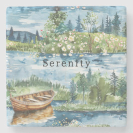 Posavasos De Piedra Summer Lake Boat Flowers Serenity