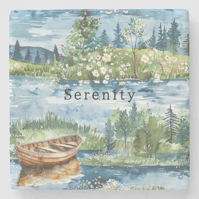Posavasos De Piedra Summer Lake Boat Flowers Serenity (Anverso)