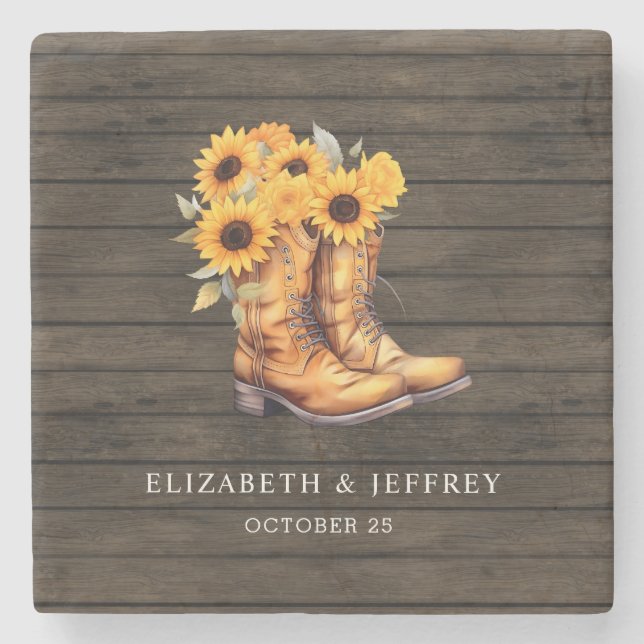 Posavasos De Piedra Sunflowers Cowboy Boots Barn Wood Boda Occidental (Anverso)