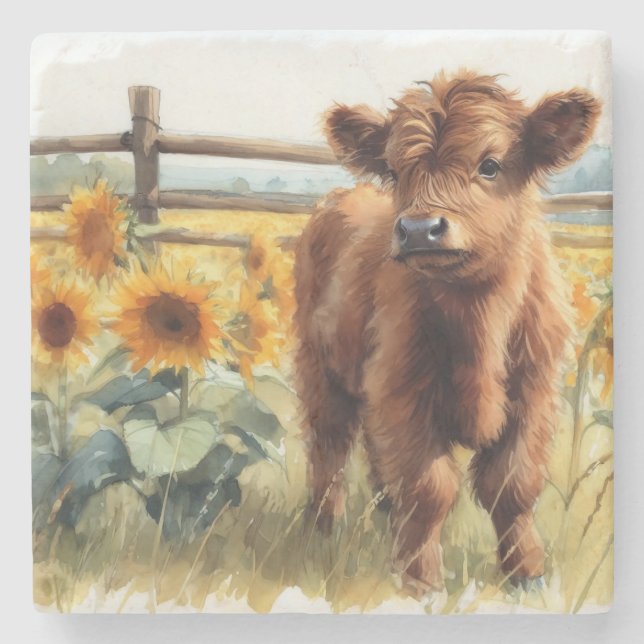 Posavasos De Piedra Sunflowers y Highland Calf (Anverso)