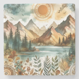 Posavasos De Piedra Sunny Rustic Boho Nature Pattern Mountain Lake