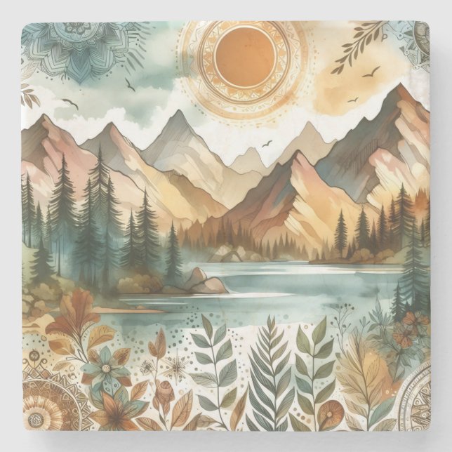 Posavasos De Piedra Sunny Rustic Boho Nature Pattern Mountain Lake (Anverso)