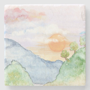Posavasos De Piedra Sunset acuarela sobre montañas y árboles
