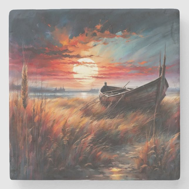 Posavasos De Piedra Sunset boat art serene landscape by the sea (Anverso)