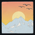 Posavasos De Piedra Sunset Mountains with birds Stone Coater<br><div class="desc">A stone coaster with an icy mountain range,  the sun casting beautiful light into the sky peeking above the mountains with birds flying off into the distance.</div>