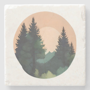 Posavasos De Piedra Sunset Pines - Tranquilo paisaje montañoso arte