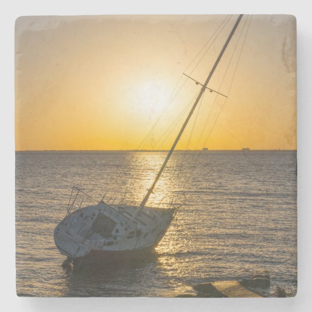 Posavasos De Piedra Sunset Sailboat Shipwrech Gulf Breeze FL (Anverso)