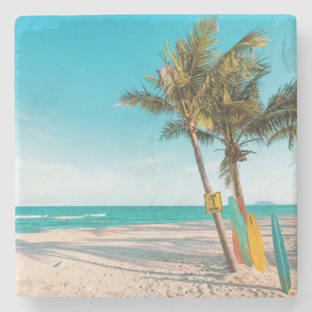 Posavasos De Piedra Surf board en la playa tirando almohada (Anverso)