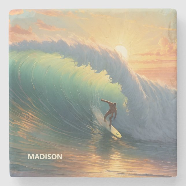 Posavasos De Piedra Surfing de nombre personalizado (Anverso)