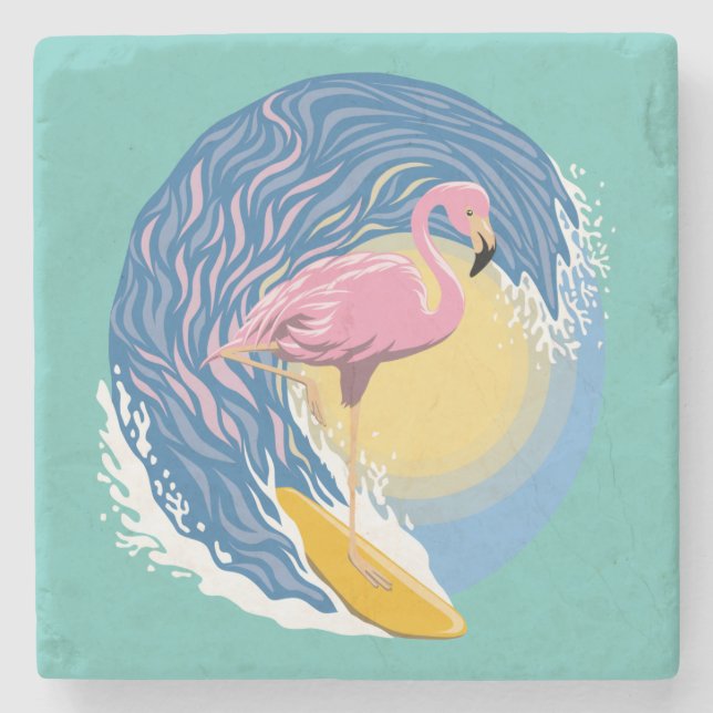 Posavasos De Piedra Surfing Flamingo Graphic Ilustracion (Anverso)