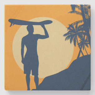 Posavasos De Piedra Surfista, palmera, acantilado, sol, montaña