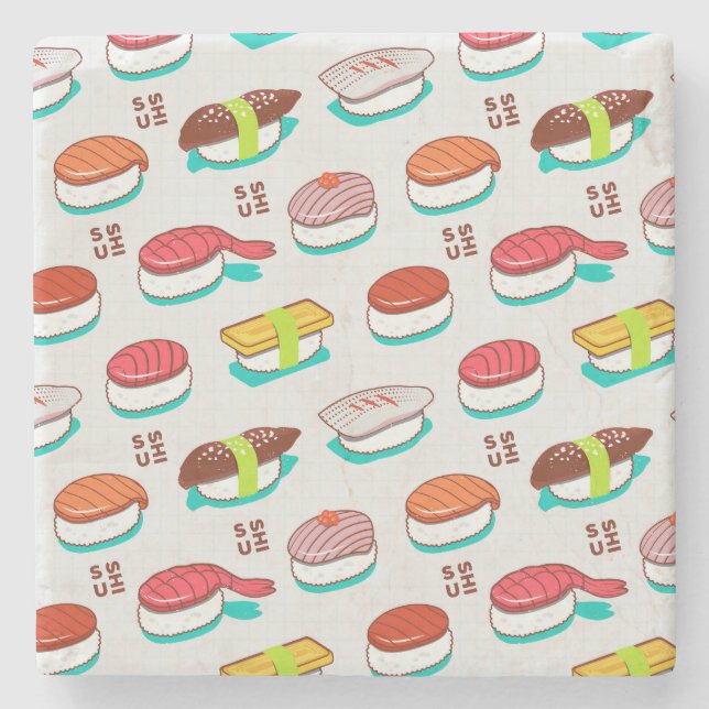 Posavasos De Piedra Sushi de nigiri de época, patrón de doodle (Anverso)