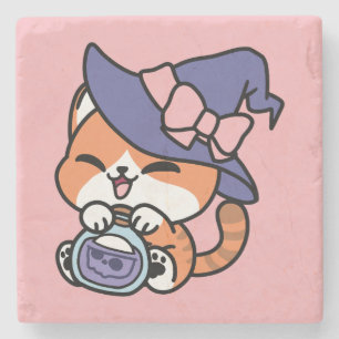 Posavasos De Piedra Tabby Witch Brew – Diseño de gato lindo de Hallowe