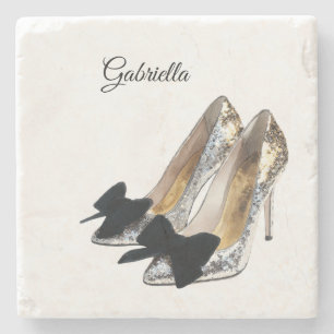 Posavasos De Piedra Tacones Altos Plateados con Lazo Negro