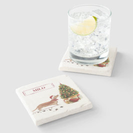 Posavasos De Piedra Tan Dachshund graciosos Navidades perro con árbol
