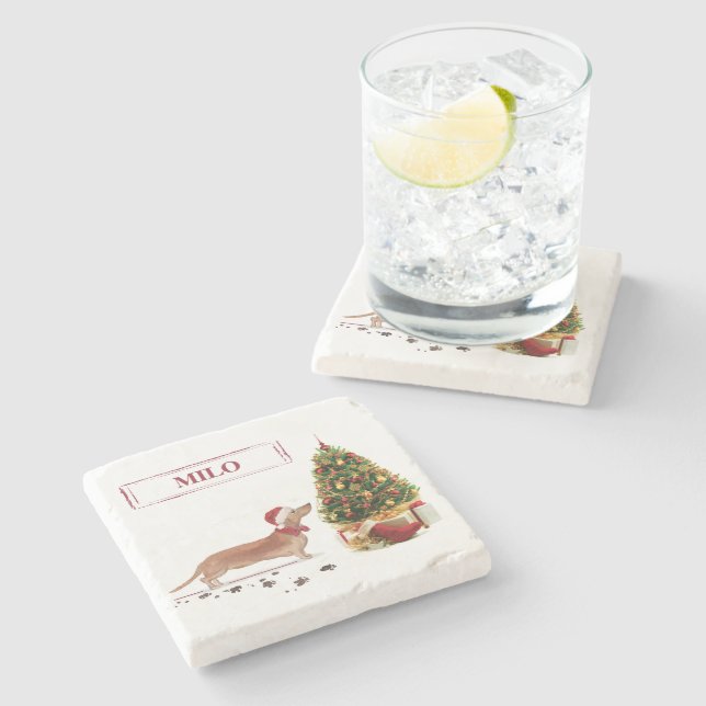 Posavasos De Piedra Tan Dachshund graciosos Navidades perro con árbol (Lateral)