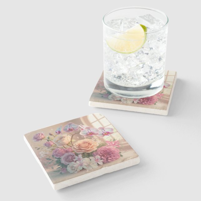 Posavasos De Piedra Tarjeta de bienvenida 3D Spring Flowers con Rosas (Lateral)