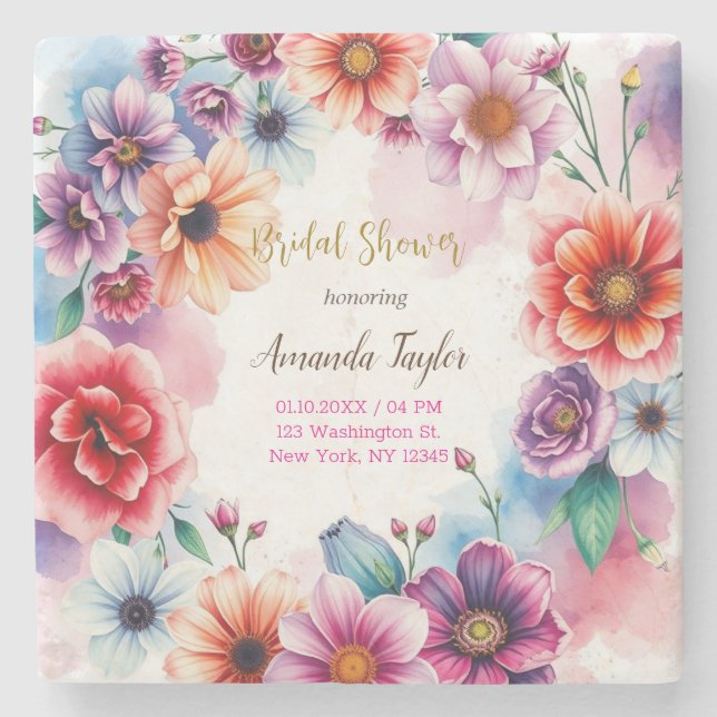 Posavasos De Piedra Tarjeta de ducha de novia floral caligrafía Minima (Anverso)