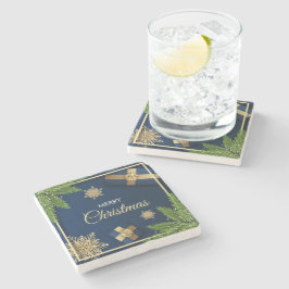 Posavasos De Piedra Tarjeta de Navidades Golden Snowflakes, Feliz Navi