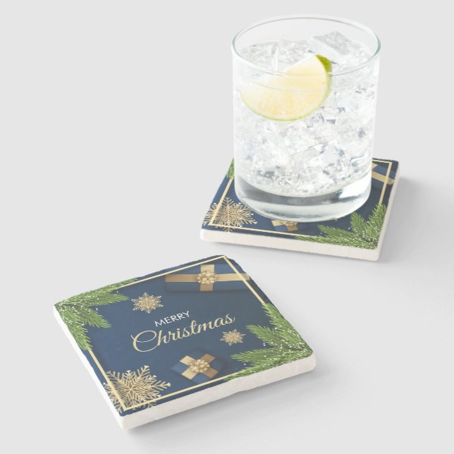 Posavasos De Piedra Tarjeta de Navidades Golden Snowflakes, Feliz Navi (Lateral)