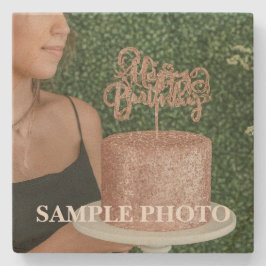 Posavasos De Piedra Tarta de cumpleaños elegante en rosa oro con foto 