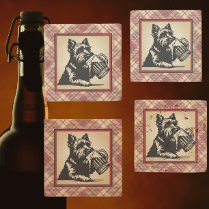 Posavasos De Piedra Tartan de Plaid de Terrier Escocés Tonos Terrosos